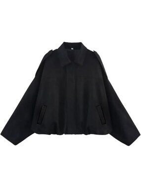 Women's Black Faux Suede Long Sleeve Oversized Bomber Jacket Coat